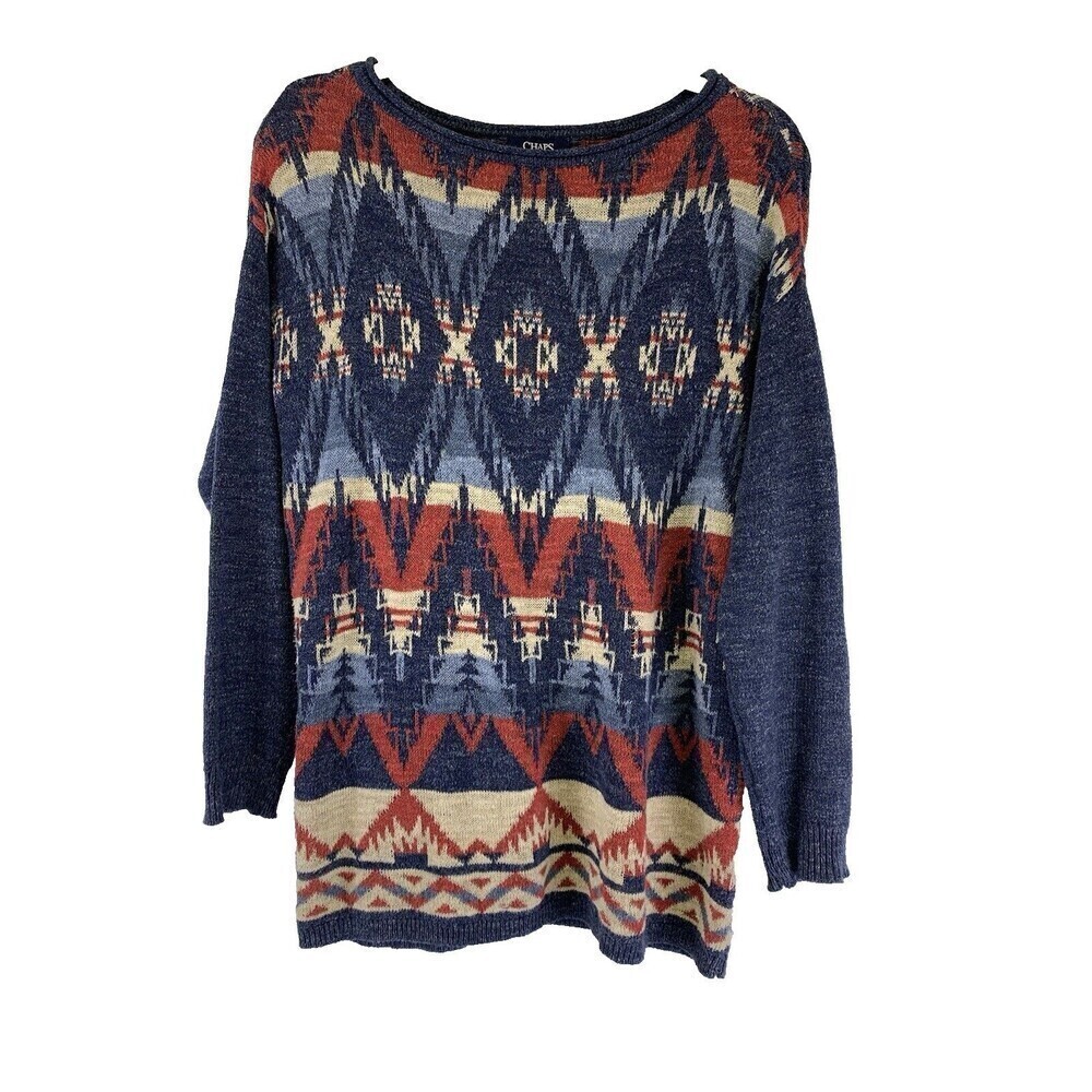 BOGO Chaps Tribal Print Lightweight Sweater Pullover Knit Red Blue Womens Medium